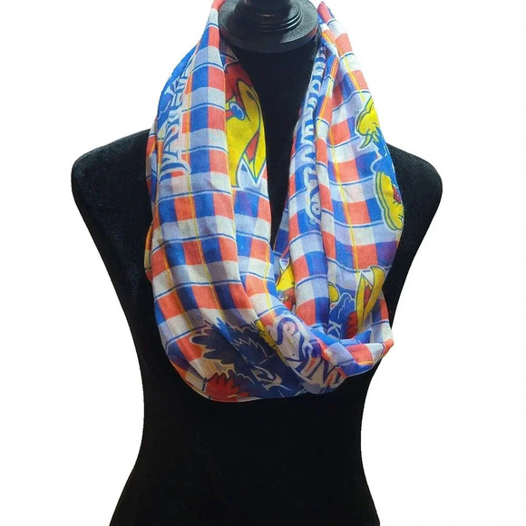 University of Kansas KU Jayhawks Infinity Scarf Blue Red Yellow White 32" x 26" - Picture 2 of 5